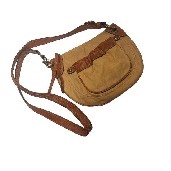 Fossil Crossbody Bag Vintage Tan Brown Camel Leather Canvas Adjustable Purse - Picture 1 of 8
